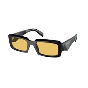 Prada Black Rectangular Geometric Sunglasses with Yellow Lenses